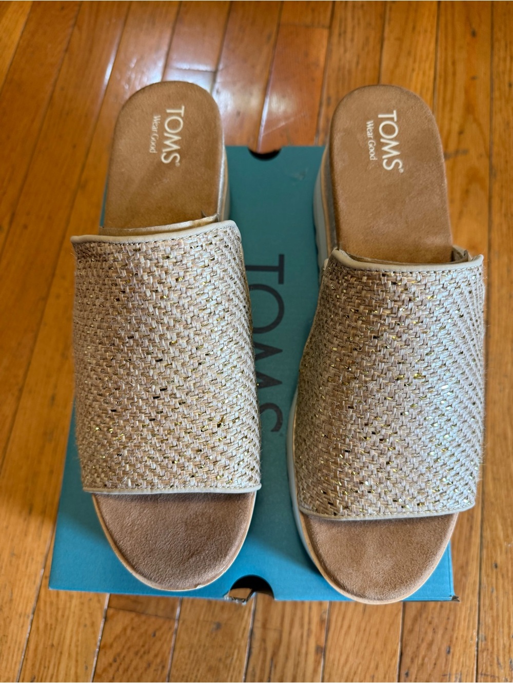 TOMS Gold-Tone Woven Slide Espadrilles